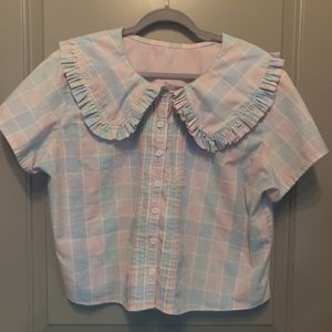 GANNI Inspired Pastel Plaid Ruffle Peter Pan Collar Button Short Sleeve Blouse